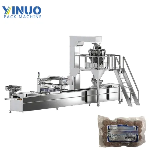 Máquina envasadora, termoformadora, llenadora y sellado con pesadora multicabezal | Equipo automático de embalaje de película estirable