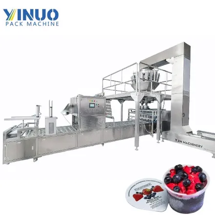M&aacute;quina autom&aacute;tica de llenado y sellado de vasos para cubitos de hielo y frutas congeladas IQF con pesadora multicabezal | L&iacute;nea de envasado de alimentos de tipo lineal