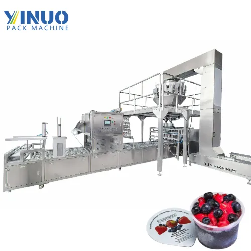 Máquina automática de llenado y sellado de vasos para cubitos de hielo y frutas congeladas IQF con pesadora multicabezal | Línea de envasado de alimentos de tipo lineal